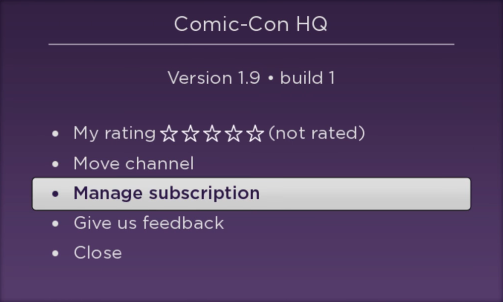 Roku TV channel subscription management option.