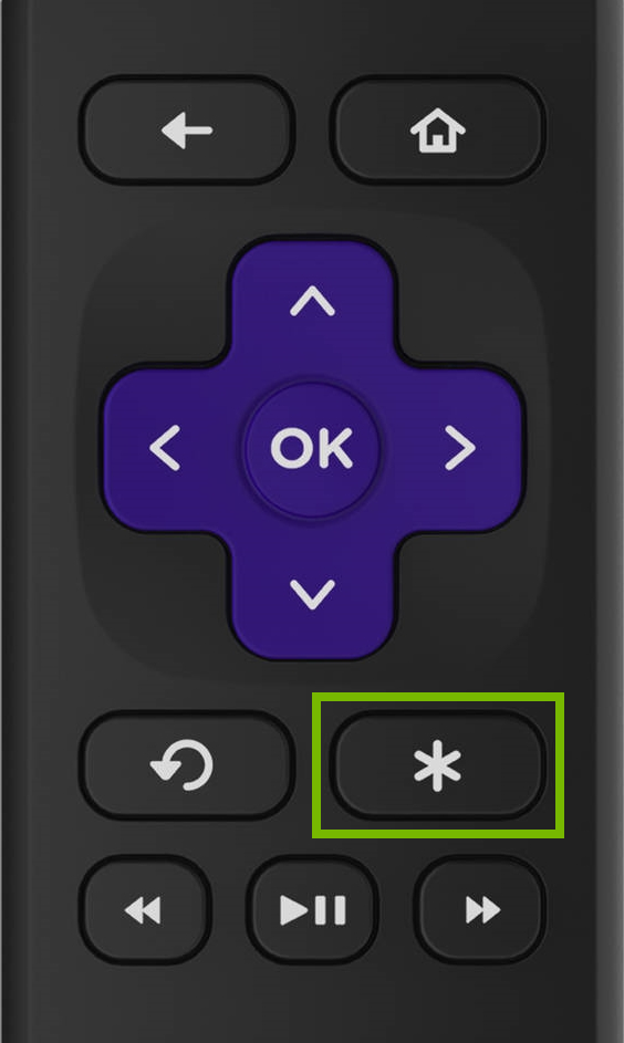 Options button highlighted on Roku remote.