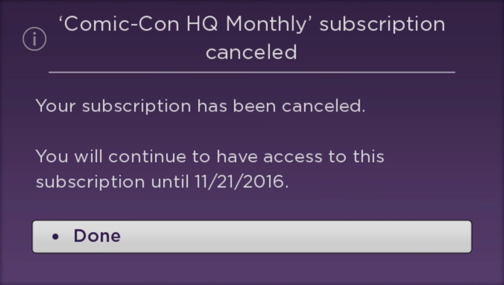 Roku TV channel subscription cancellation confirmation.