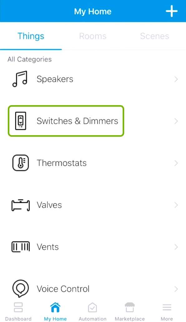 Switches & Dimmers category highlighted in SmartThings app.