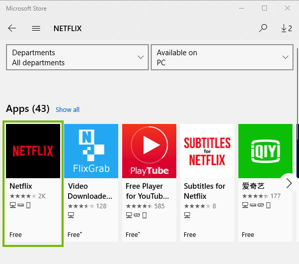 Microsoft Store app with Netflix app highlighted. Screenshot