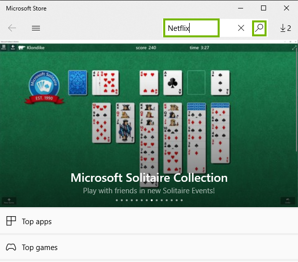 Microsoft Store app with search icon and netflix highlighted. Screenshot