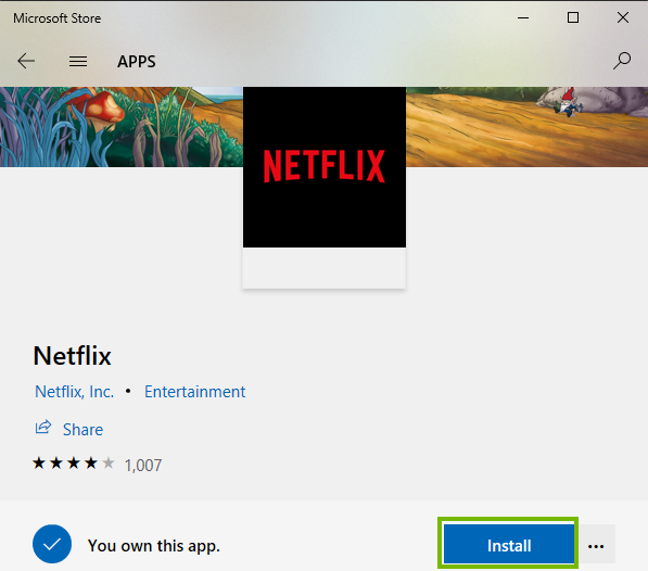 Netflix App page with Install highlighted. Screenshot