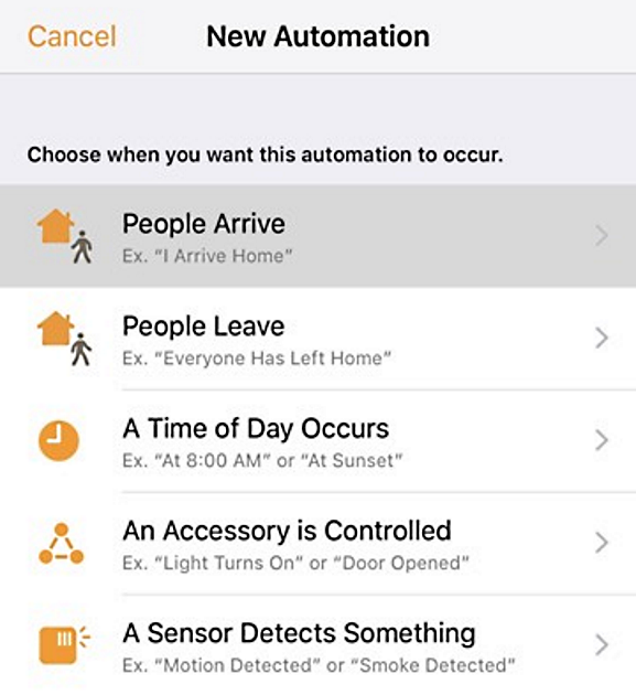New automation selection screen in Apple Home app.