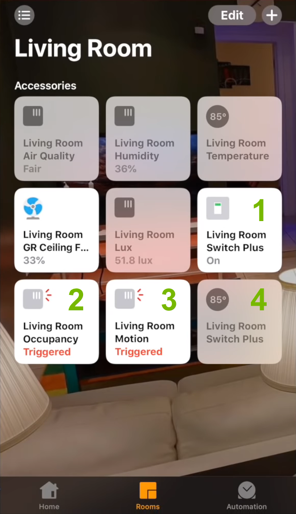 ecobee Switch+ tiles annotated in Apple Home app.