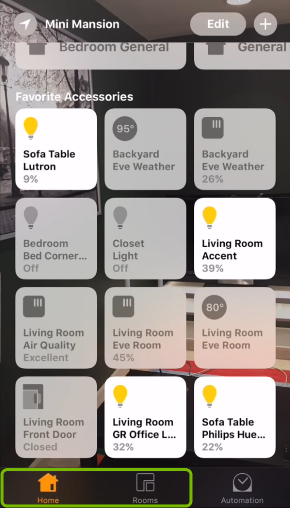 Home and Rooms tabs highlighted in Apple Home app.