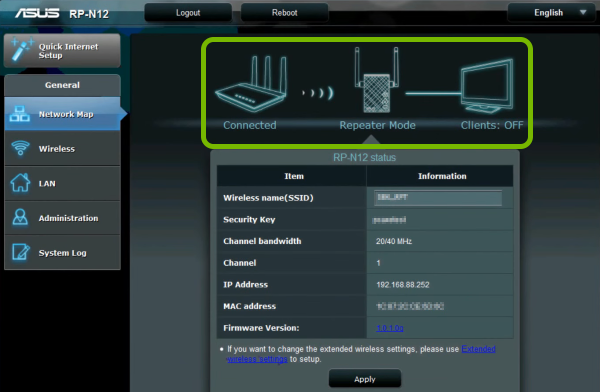 Range extender status highlighted in web interface.