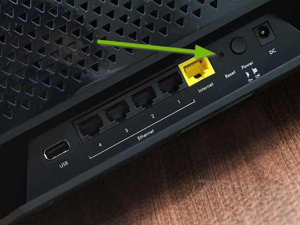 Router's rear panel highlighting the reset button.