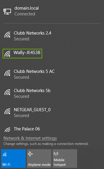 List of Wi-Fi networks with Wally network highlighted
