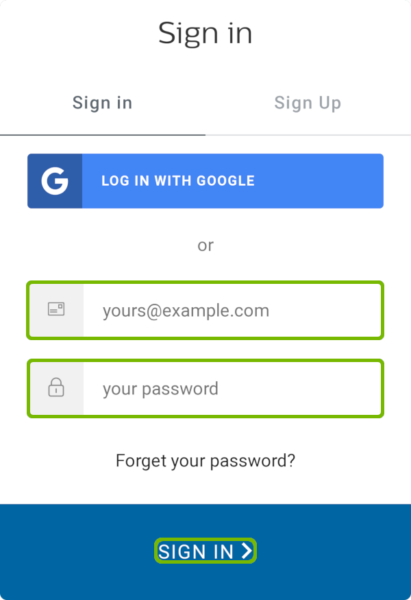 Hue sign-in with Email address Password and Sign in highlighted.