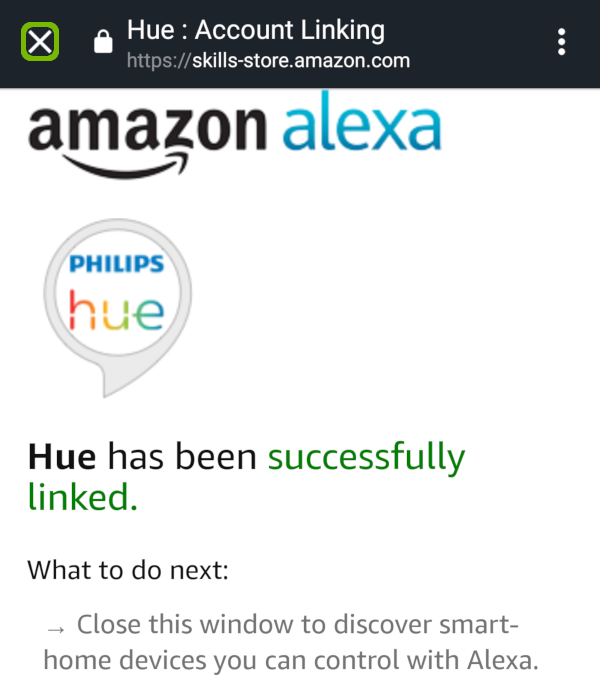 Hue linked successfully with close X highlighted.