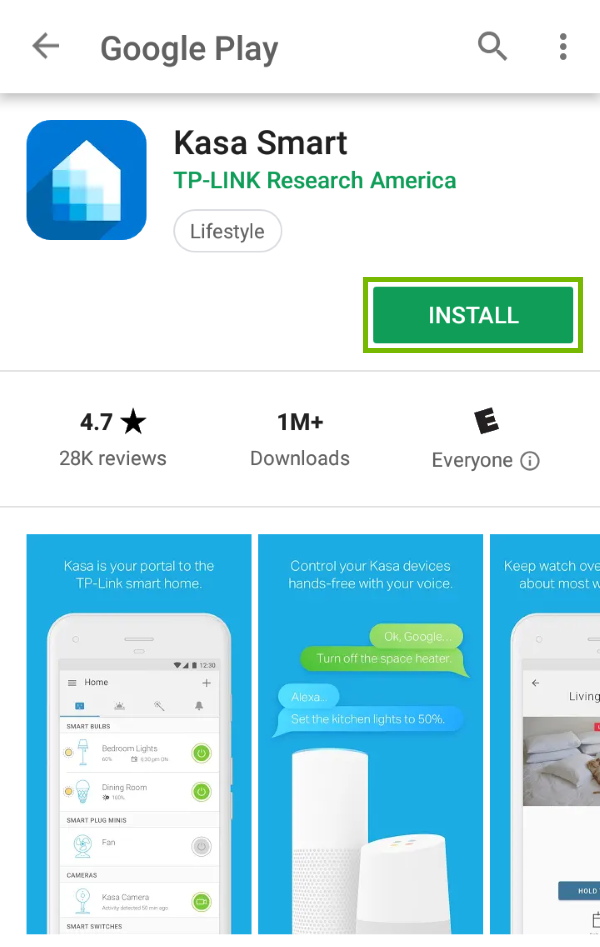 Install button highlighted in Play Store for found app.