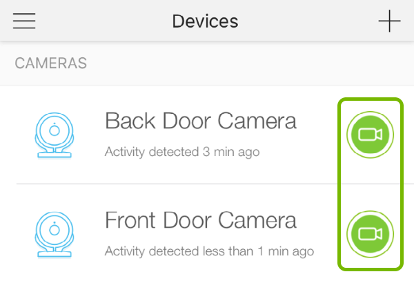 Camera toggle buttons highlighted in Kasa Smart app.