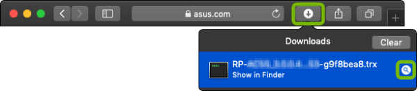 Safari with Show Downloads and Show in Finder highlighted.