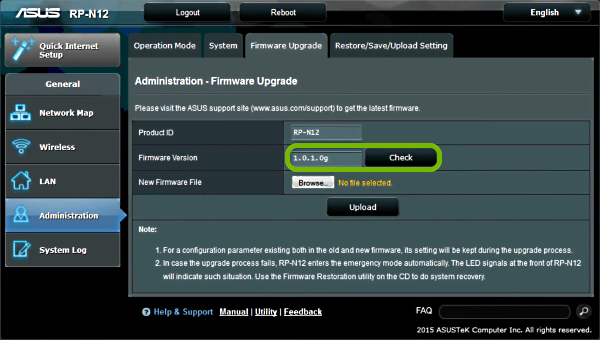 Firmware version and Check button highlighted in range extender's firmware update web interface.