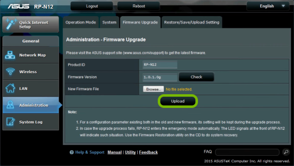 Upload button highlighted in range extender's  firmware update web interface.
