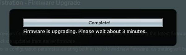 Update complete message showing range extender's web interface.