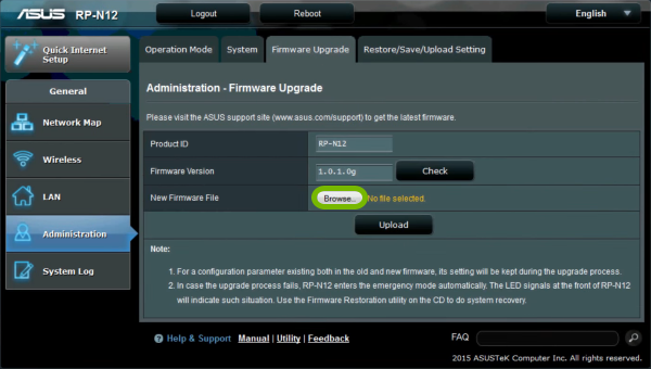 Browse button highlighted in range extender's  firmware update web interface.