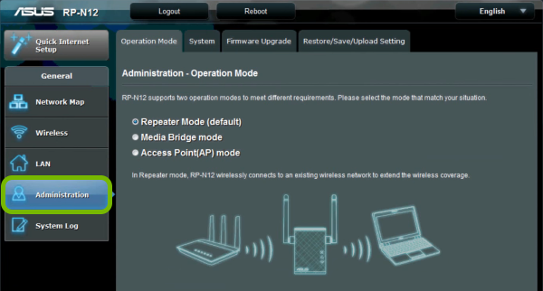 Administration option highlighted in range extender's web interface.
