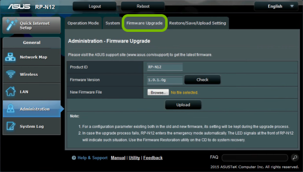 Firmware Upgrade tab highlighted in range extender's administration web interface.