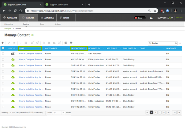 Sorting the manage content list.