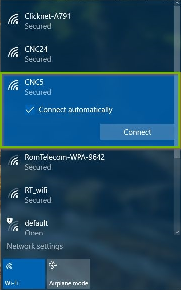 Windows 10 list of available wireless networks highlighting a selected network.