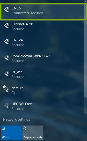 Windows 10 list of available wireless networks displaying a successful connection.