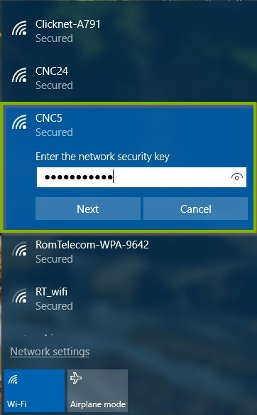 Windows 10 Wi-Fi connection process highlighting a selected network and a user-entered network security key.