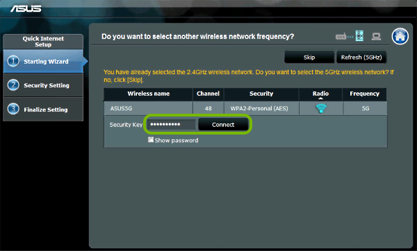 Password entry field and Connect button highlighted in range extender setup wizard.
