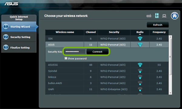 Password entry field and Connect button highlighted in range extender setup wizard.
