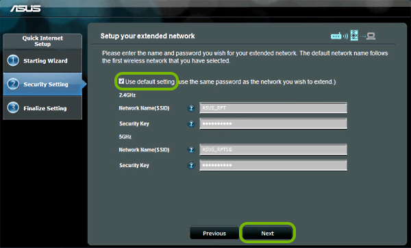 Use default setting checkbox and and Next button highlighted in range extender setup wizard.