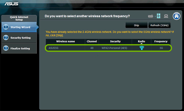 5GHz network highlighted in Wi-Fi network list in range extender setup wizard.