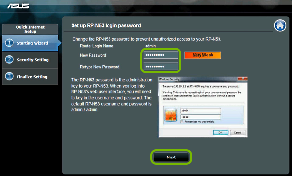 Password entry fields and Next button highlighted in range extender setup wizard.