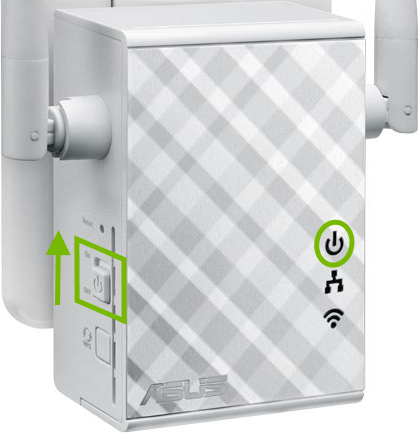 Power switch and power light highlighted on range extender.