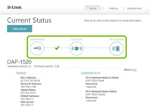 Range extender status highlighted in web interface.