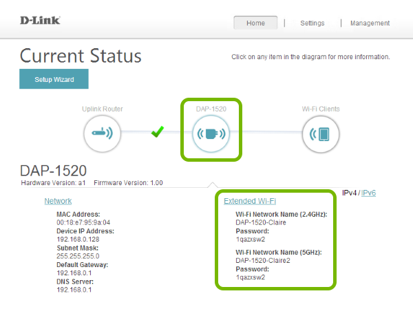 Range extender icon and Extended Wi-Fi info highlighted in web interface.