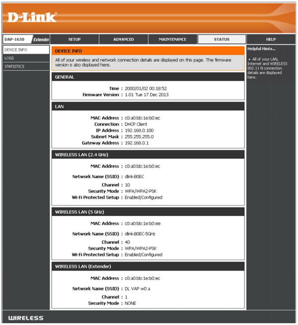 D-link DAP-1650 status
