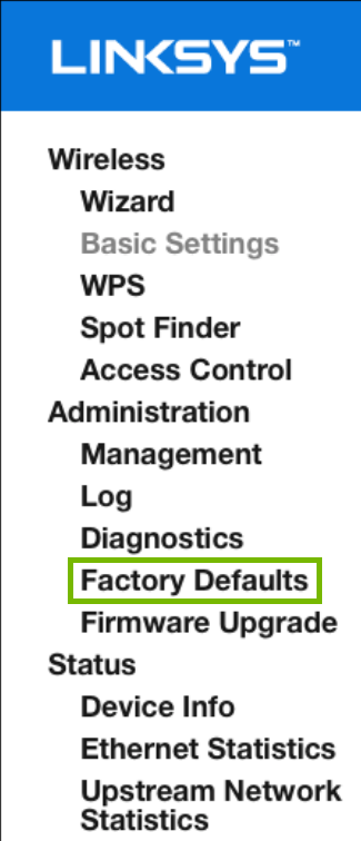 Factory Defaults highlighted
