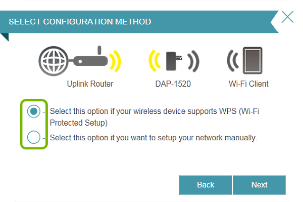 Setup method selections highlighted in connection setup wizard.