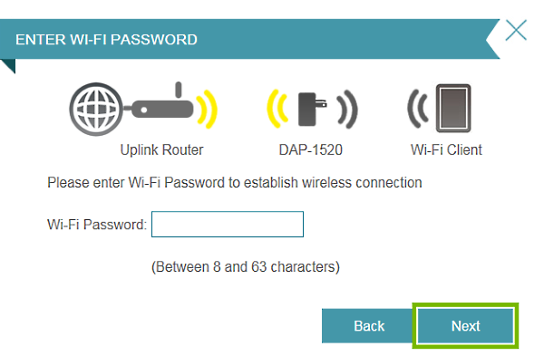 Next button highlighted on Wi-Fi entry prompt in connection setup wizard.
