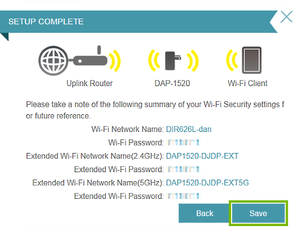 Save button highlighted in connection setup wizard.