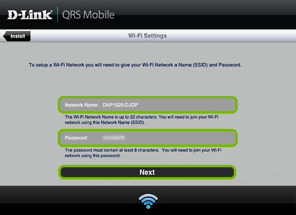 Wi-Fi credential entry fields and Next button highlighted in QRS Mobile app.