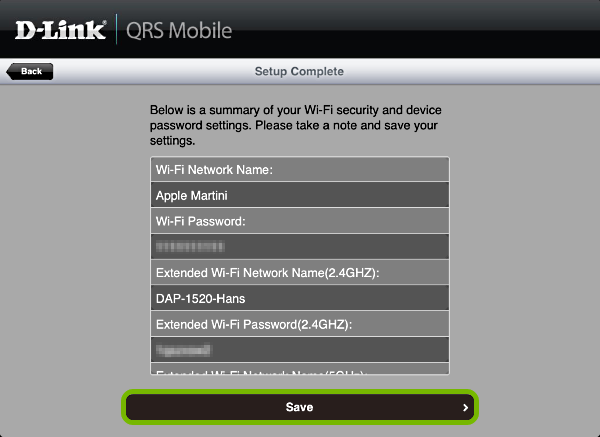 Save button highlighted on summary screen in QRS Mobile app.
