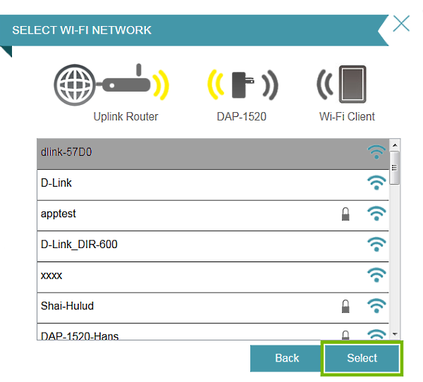 Select button highlighted Wi-Fi network selection prompt in connection setup wizard.