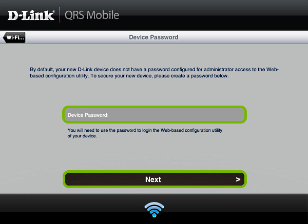Admin password entry field and Next button highlighted in QRS Mobile app.