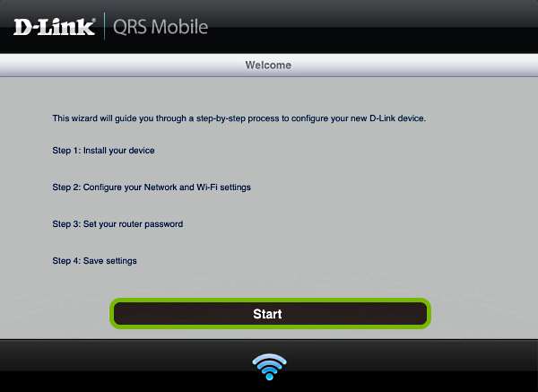 Start button highlighted on welcome screen in QRS Mobile app.