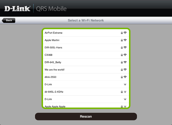 List of available Wi-Fi networks highlighted in QRS Mobile app.