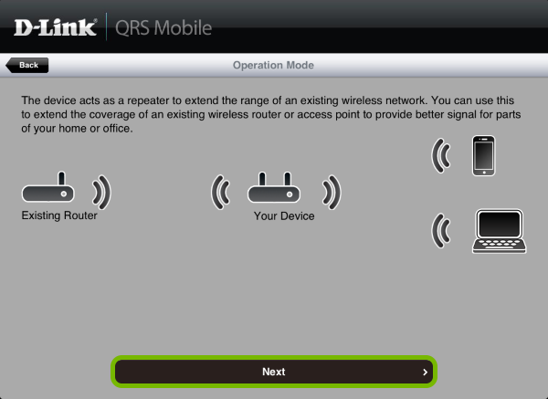 Next button highlighted on operation mode screen in QRS Mobile app.