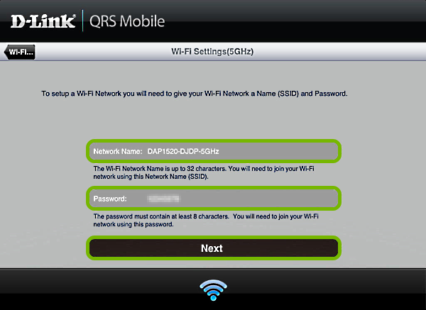 Wi-Fi credential entry fields and Next button highlighted in QRS Mobile app.