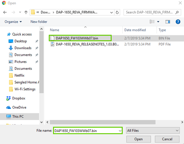 Upload window with bin file selected
